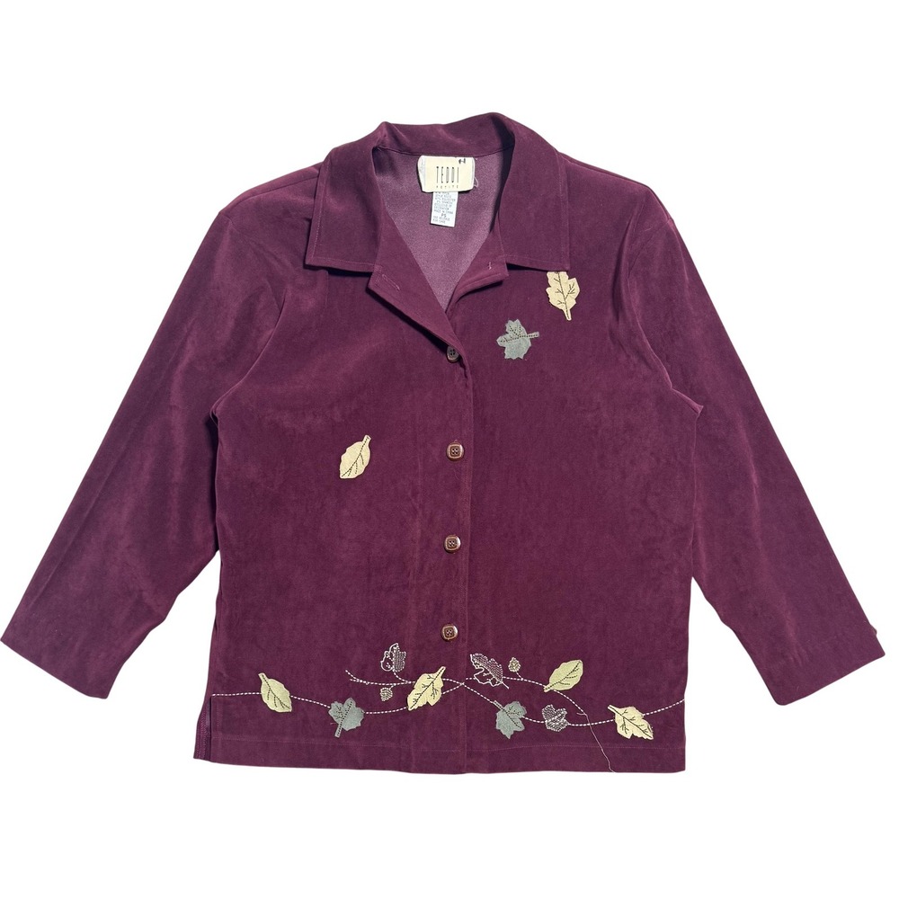 Teddi Shirt Womens Petite Small Burgundy Embroidered Leaf Button 3/4 Sleeve FALL